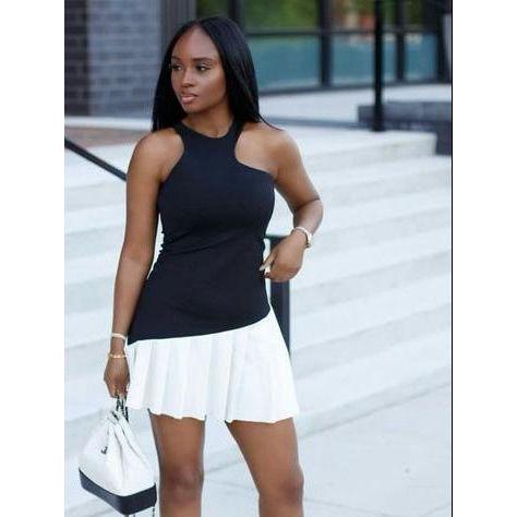 Sleeveless Metal Detail Pleated Mini Dress