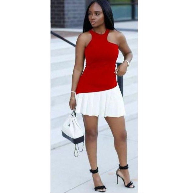 Sleeveless Pleated Mini Dress.