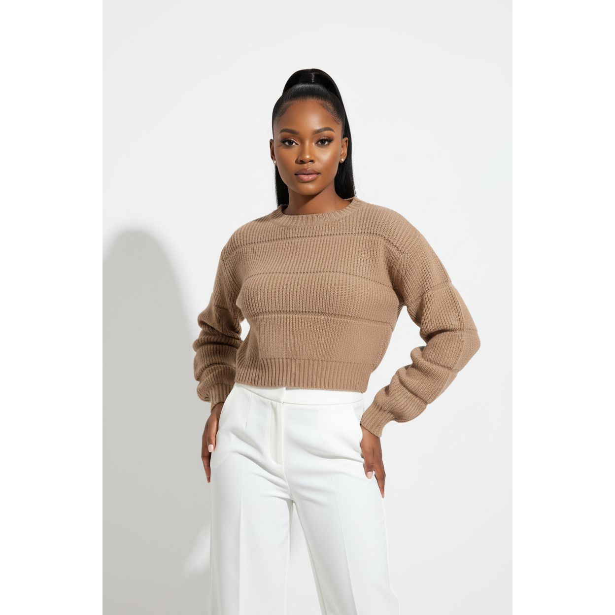 Sleeve Volume Knit  ベージュ Volume Sleeve High Neck Knitted Sweater Beige | NA-KD