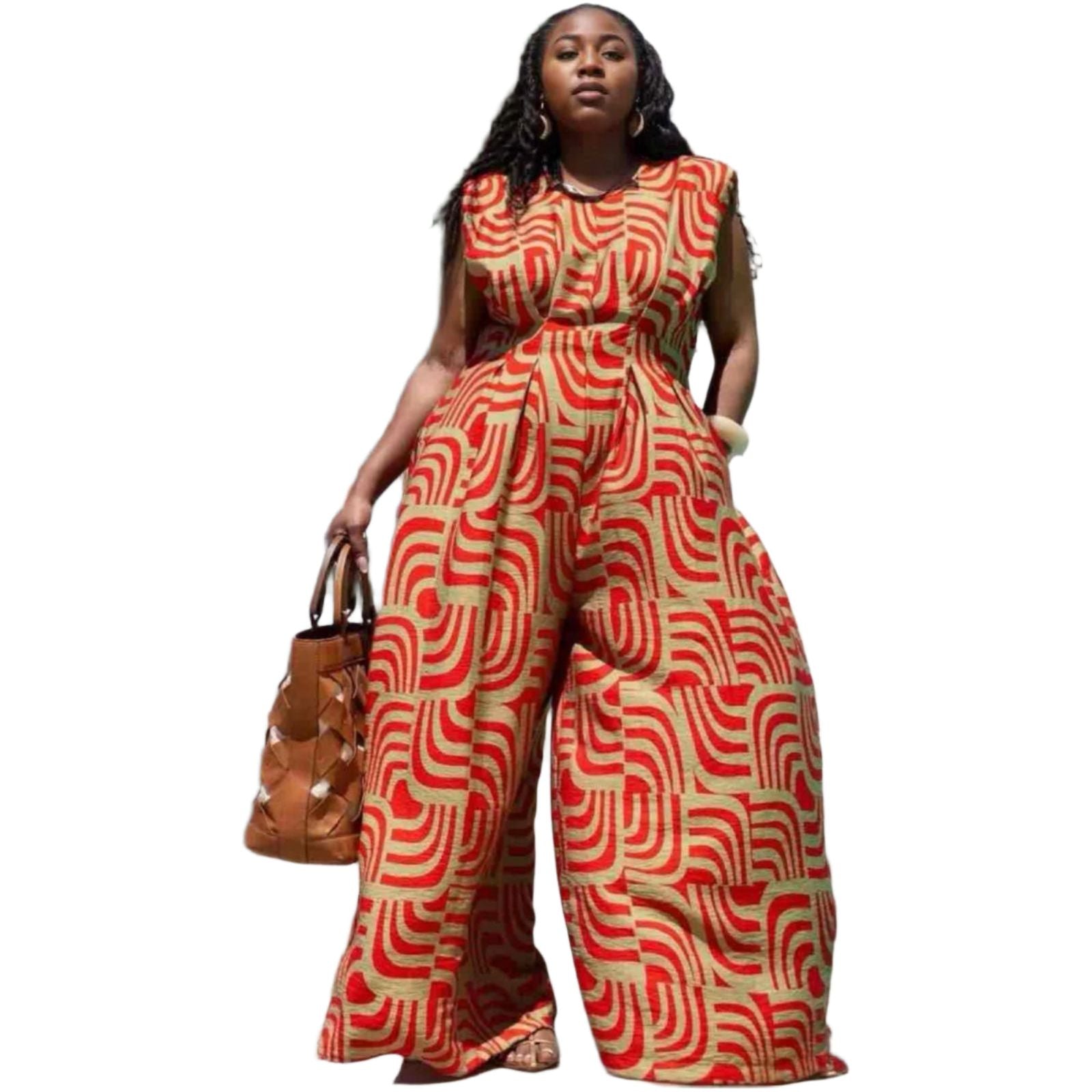 African Ankara Round Neck Pocket Wide Leg Jumpsuits