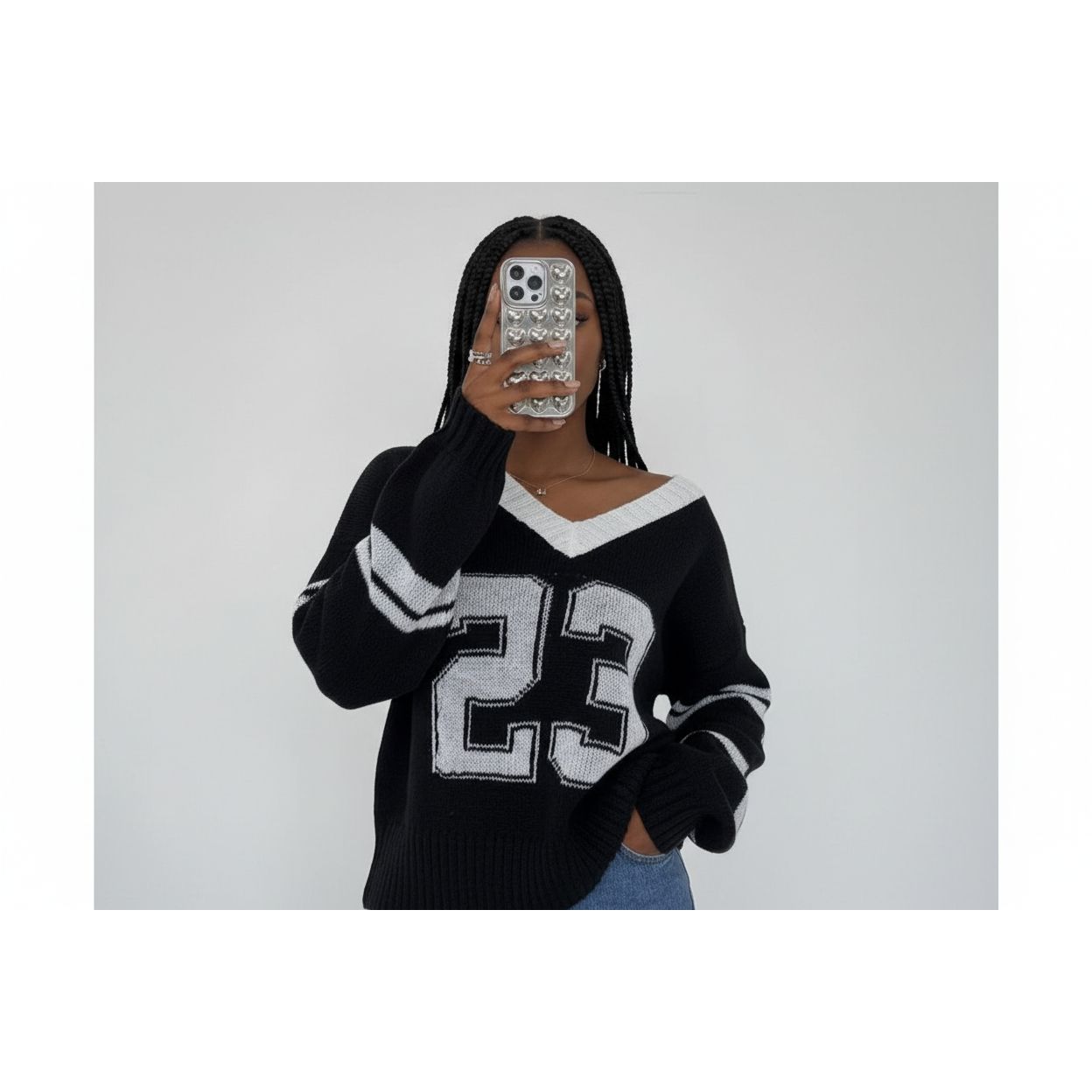 Numerical Pattern Long Sleeve Knitted Jersey