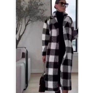 Plus Size Collar Plaid Lace Up Casual Long Jacket