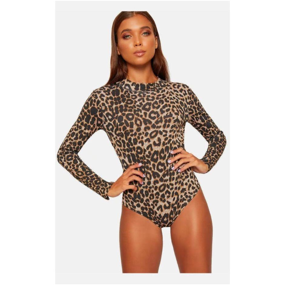 Brown Allover Print Mesh Bodysuit