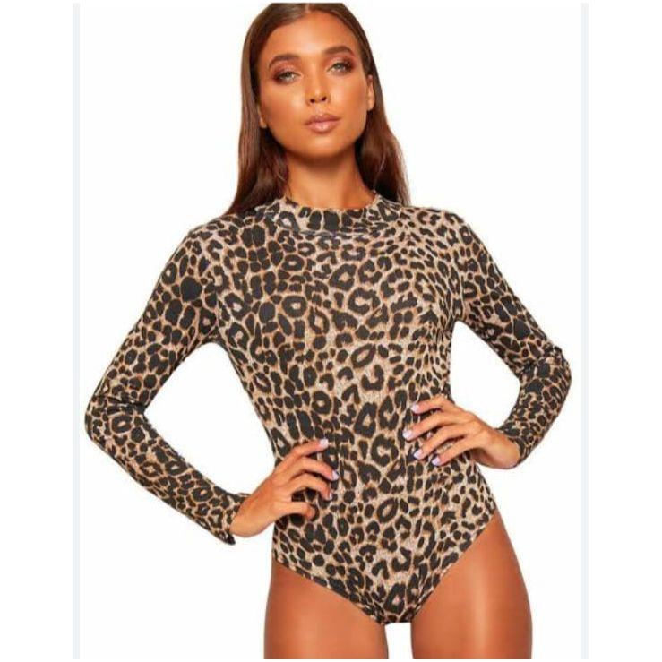 Brown Allover Print Mesh Bodysuit