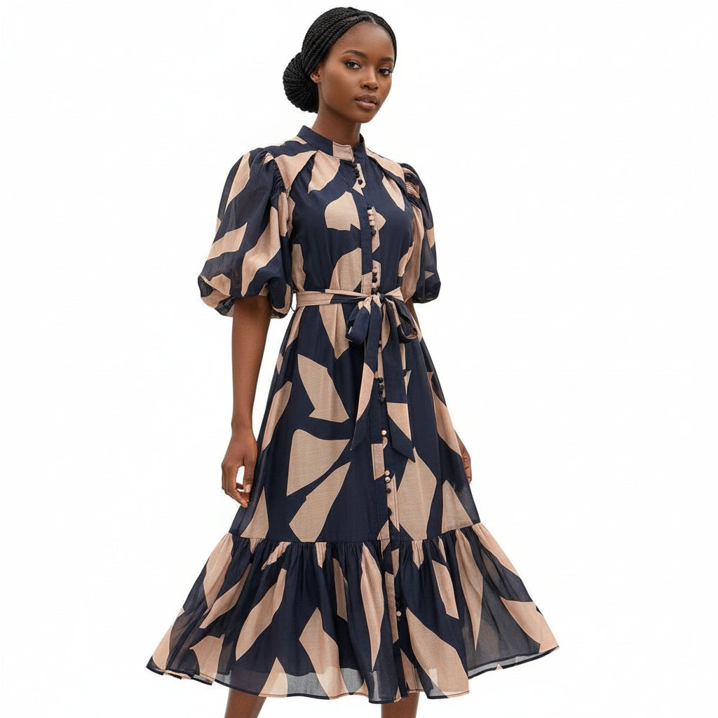 All-Over Print Long Sleeve Long Casual Shirt Dress