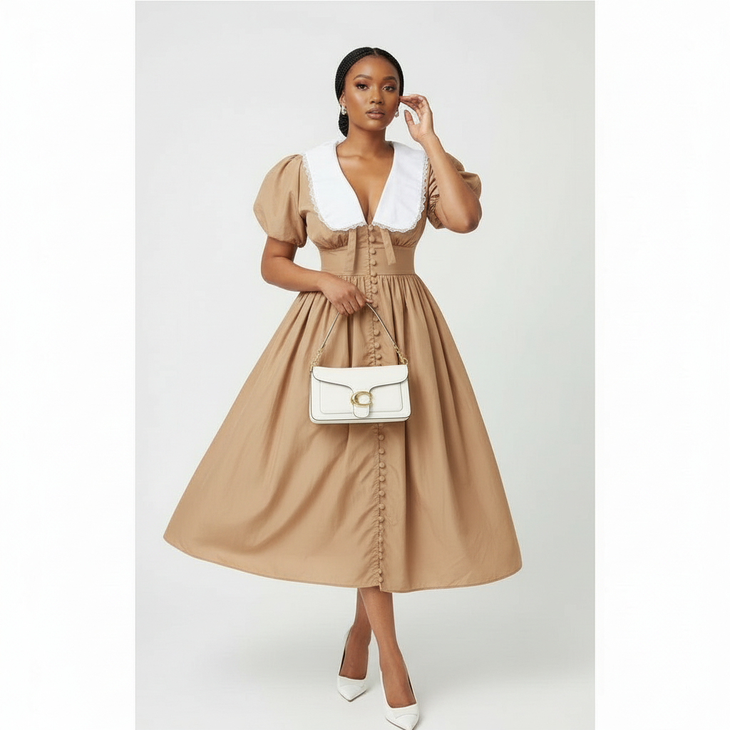 White Collar Puff Sleeve High Waist Maxi Dress