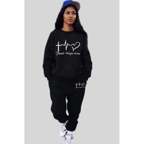 Heart-Shaped Printed Long-Sleeve Drawstring Pants Two-Piece Set