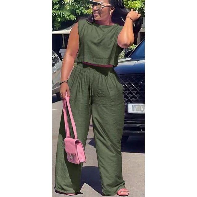 Sleeveless Round Neck Top & Loose Pants set.