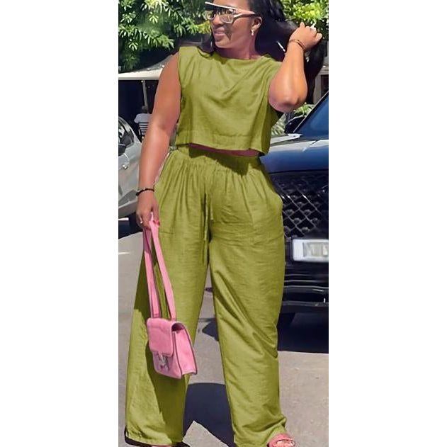 Sleeveless Round Neck Top & Loose Pants set.