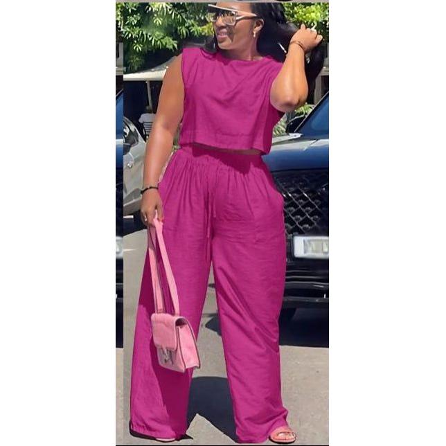 Sleeveless Round Neck Top & Loose Pants set.