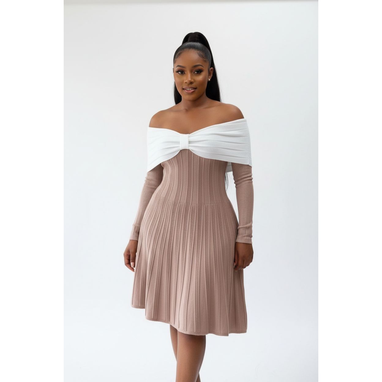 Knitted Off Shoulder Contrast Bodycon Dress