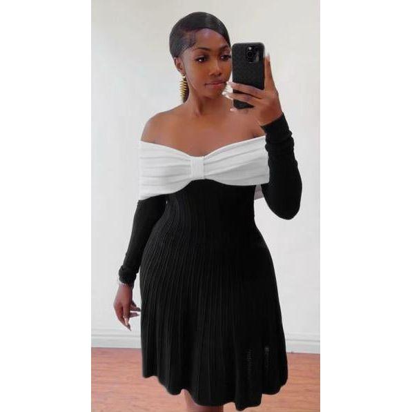 Open Shoulder Knitted Contrast Panel Bodycon Dress