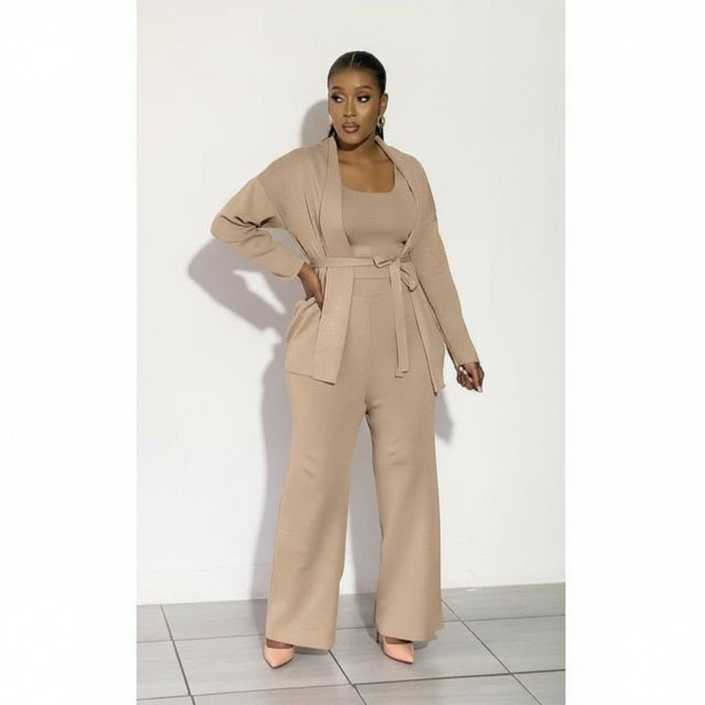 Short Cardigan , Vest & Wide Leg Pants Suit Knitted 3 Piece Set