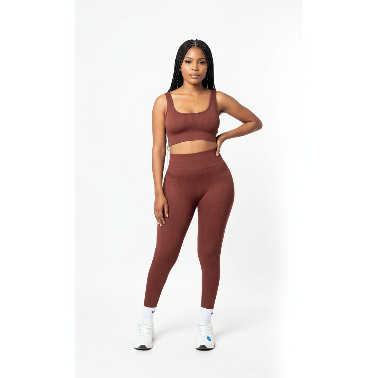 Ribbed Knitted 2 Piece Set Gym Crop Tank Leggings Set