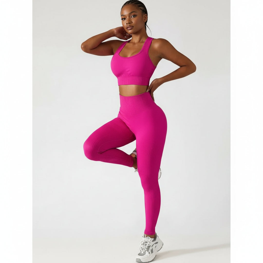 Ribbed Knitted 2 Piece Set Gym Crop Tank Leggings Set