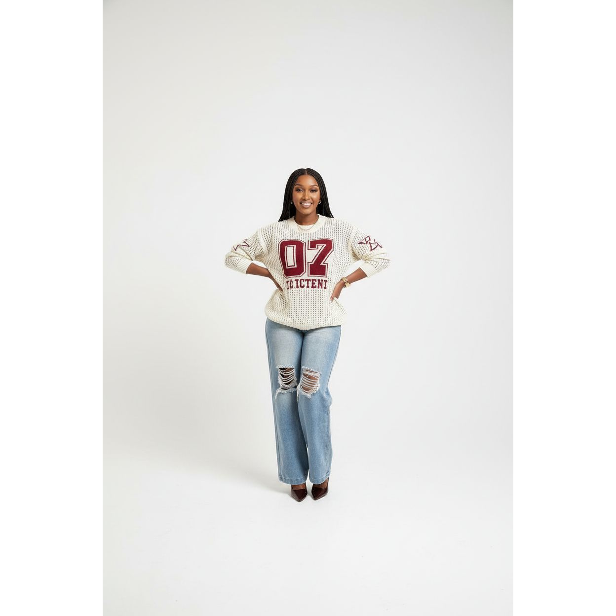 Round-Neck Numbers Print Pullover Sweater