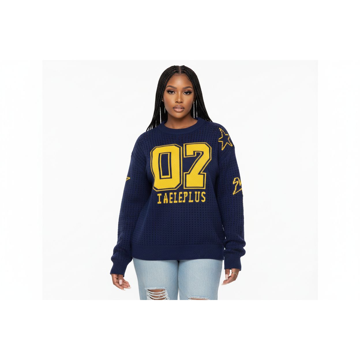 Round-Neck Numbers Print Pullover Sweater
