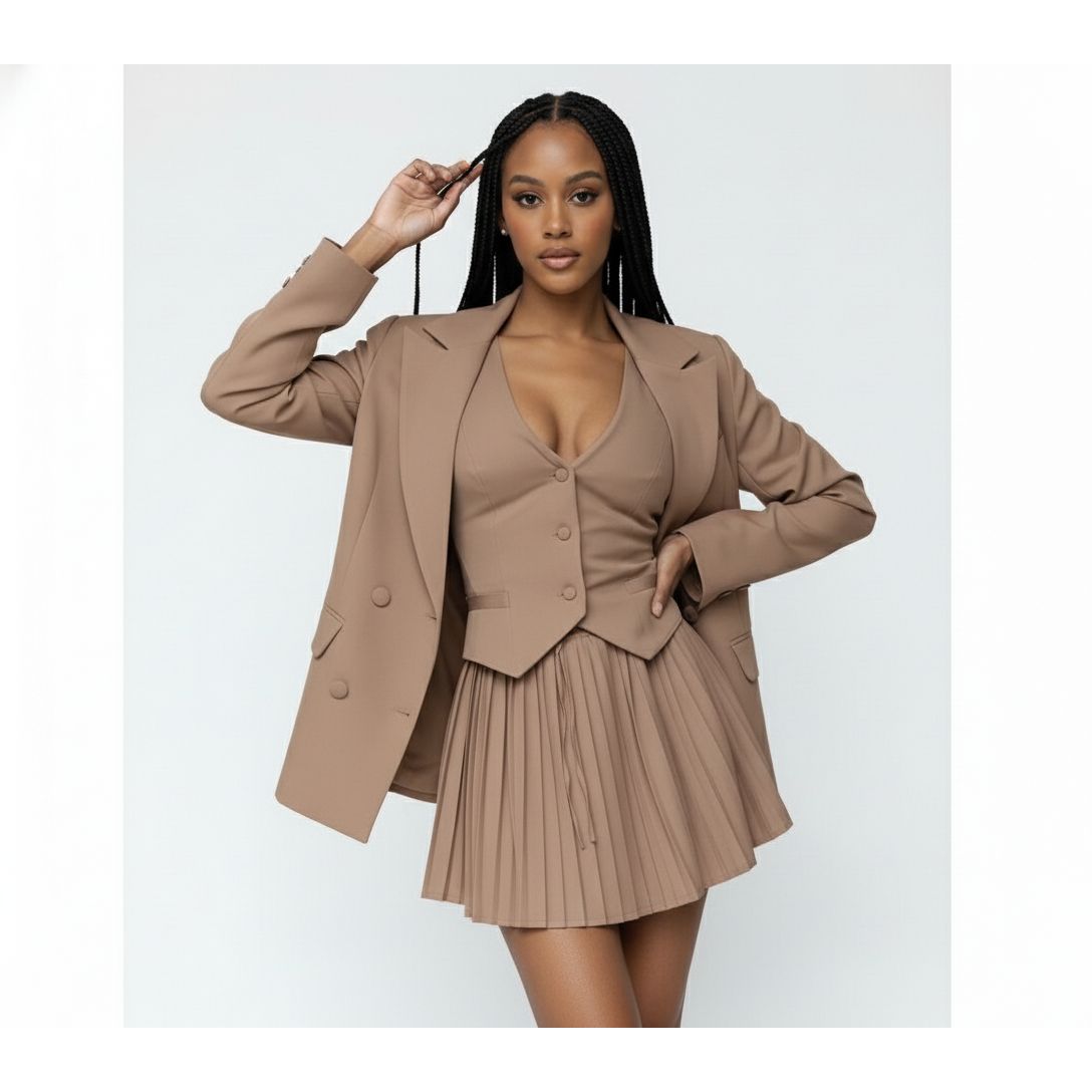 Crop Vest, Long Sleeve Blazer And Pleated Mini Skirt 3 Pieces Set