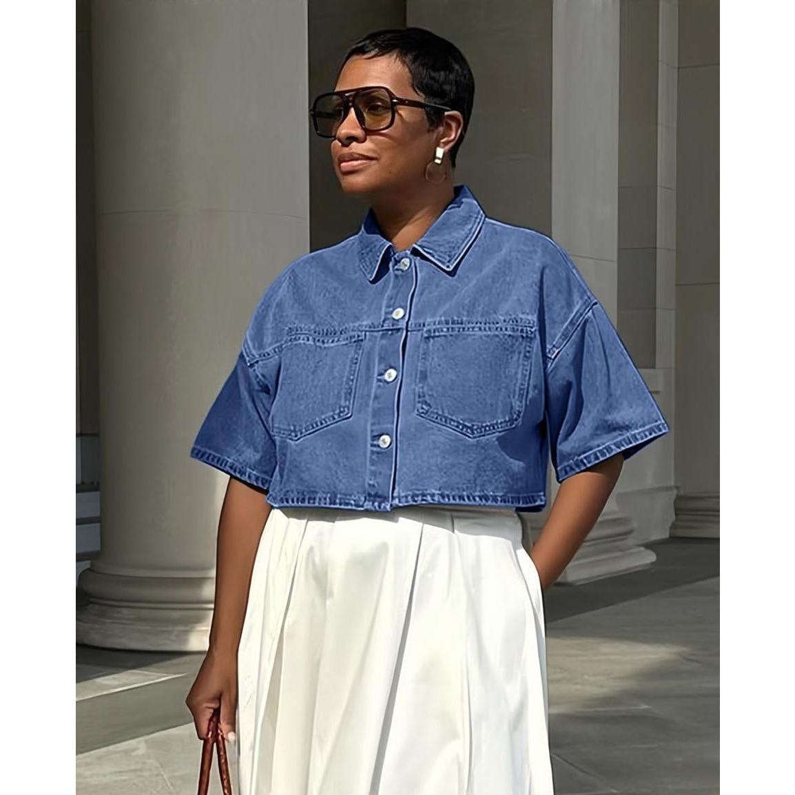 Patch Detail Cropped Denim Shirt