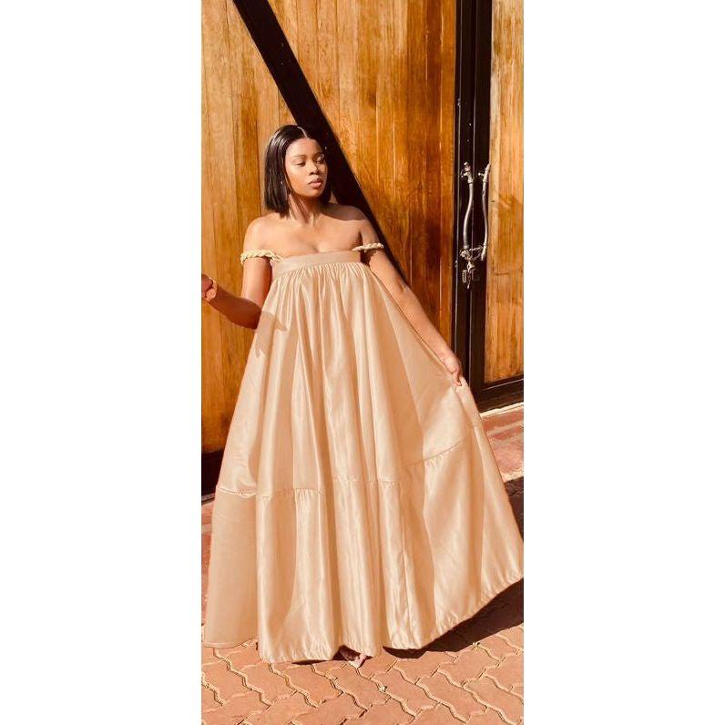 Pleated Off-Shoulder Flare Gown Midi Dress