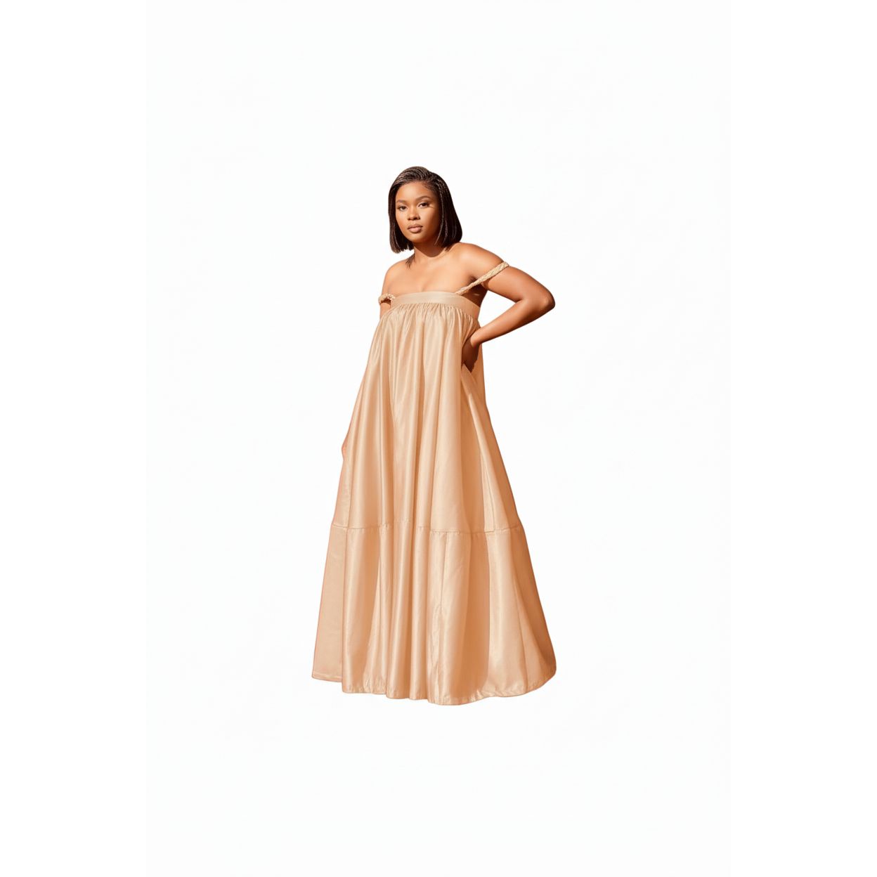 Pleated Off-Shoulder Flare Gown Midi Dress