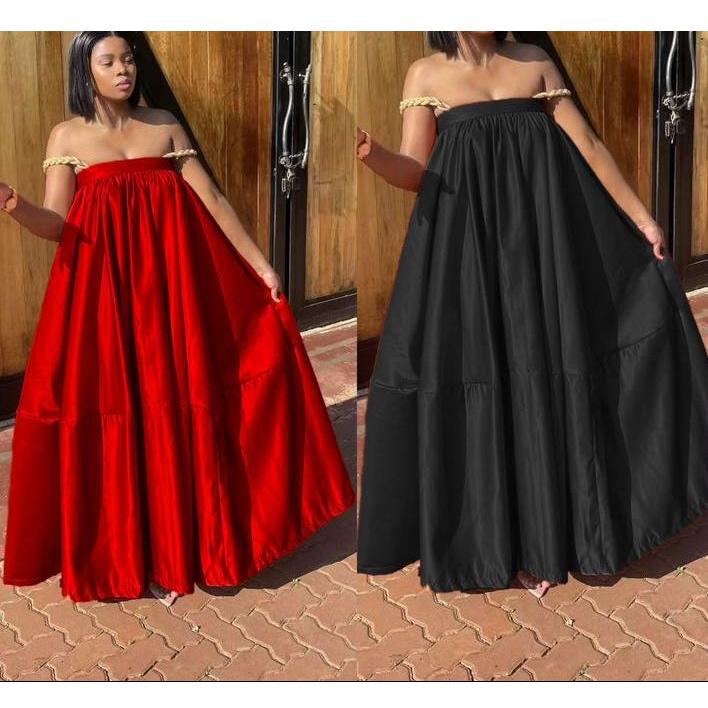 Pleated Off-Shoulder Flare Gown Midi Dress