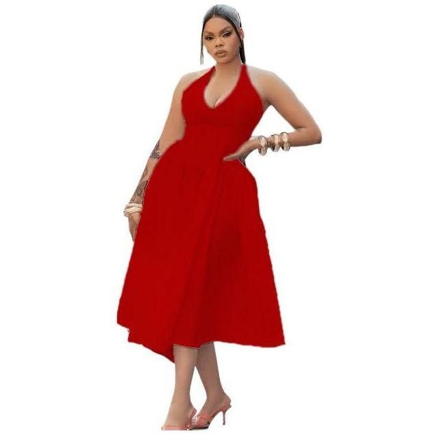 Halter Pleat A-Line Beautiful Style Midi Dress.