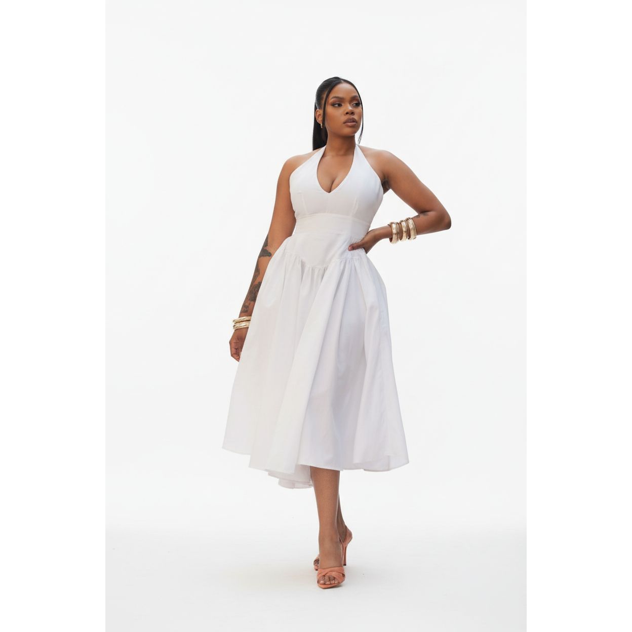 Halter Pleat A-Line Midi Dress