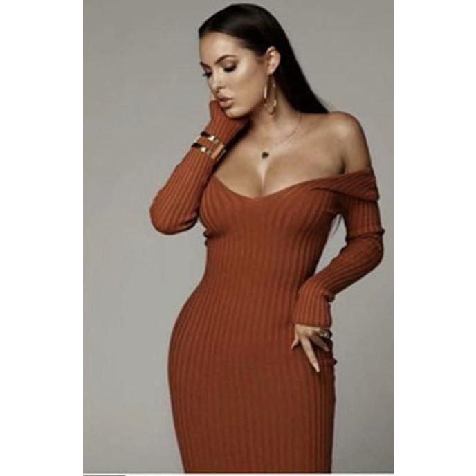 Off Shoulder Knitted Ribbed Stretch Midi Sweater Bodycon Pencil Dress