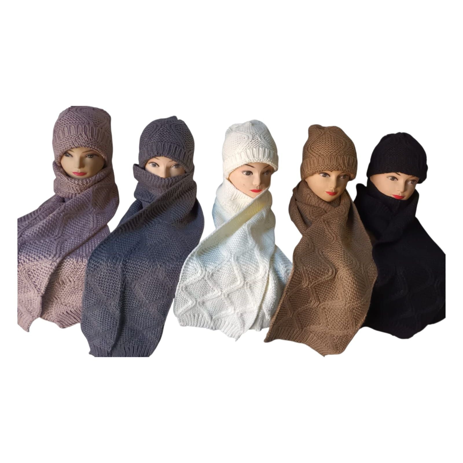 Knit Soft Heart Pattern Scarf & Hat Set