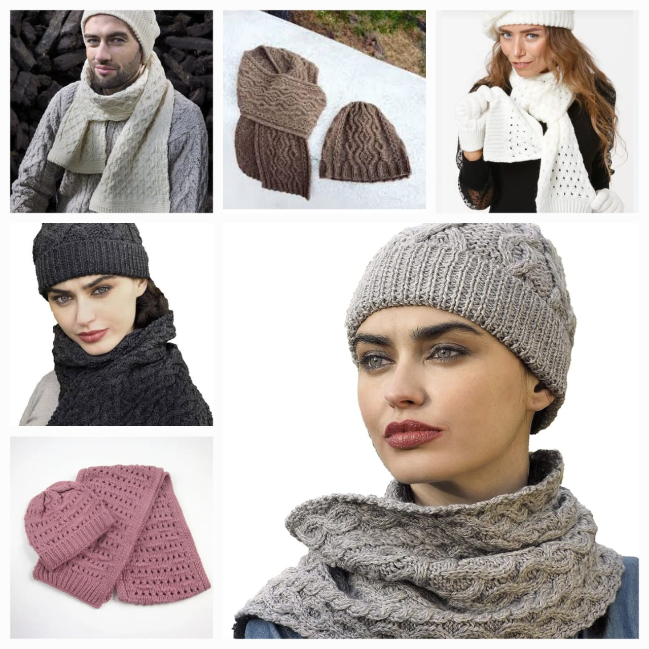 Unisex Aran Crafts Knit Soft Heart Pattern Scarf & Hat Set
