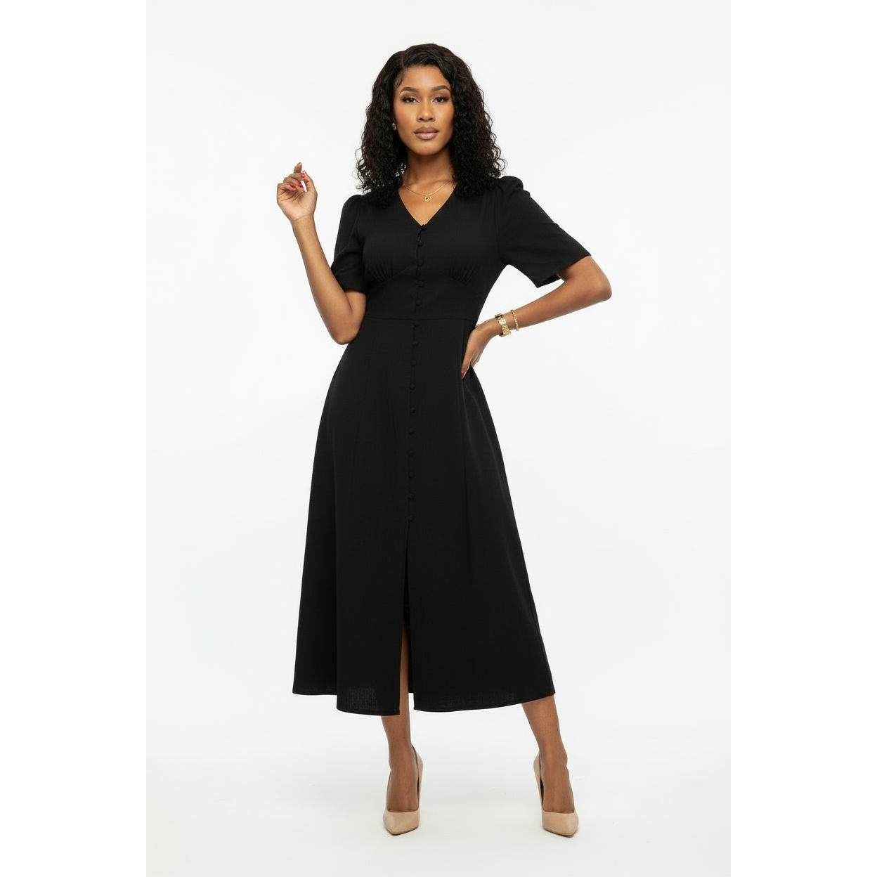 Short Sleeve Front Slit Midi Dress