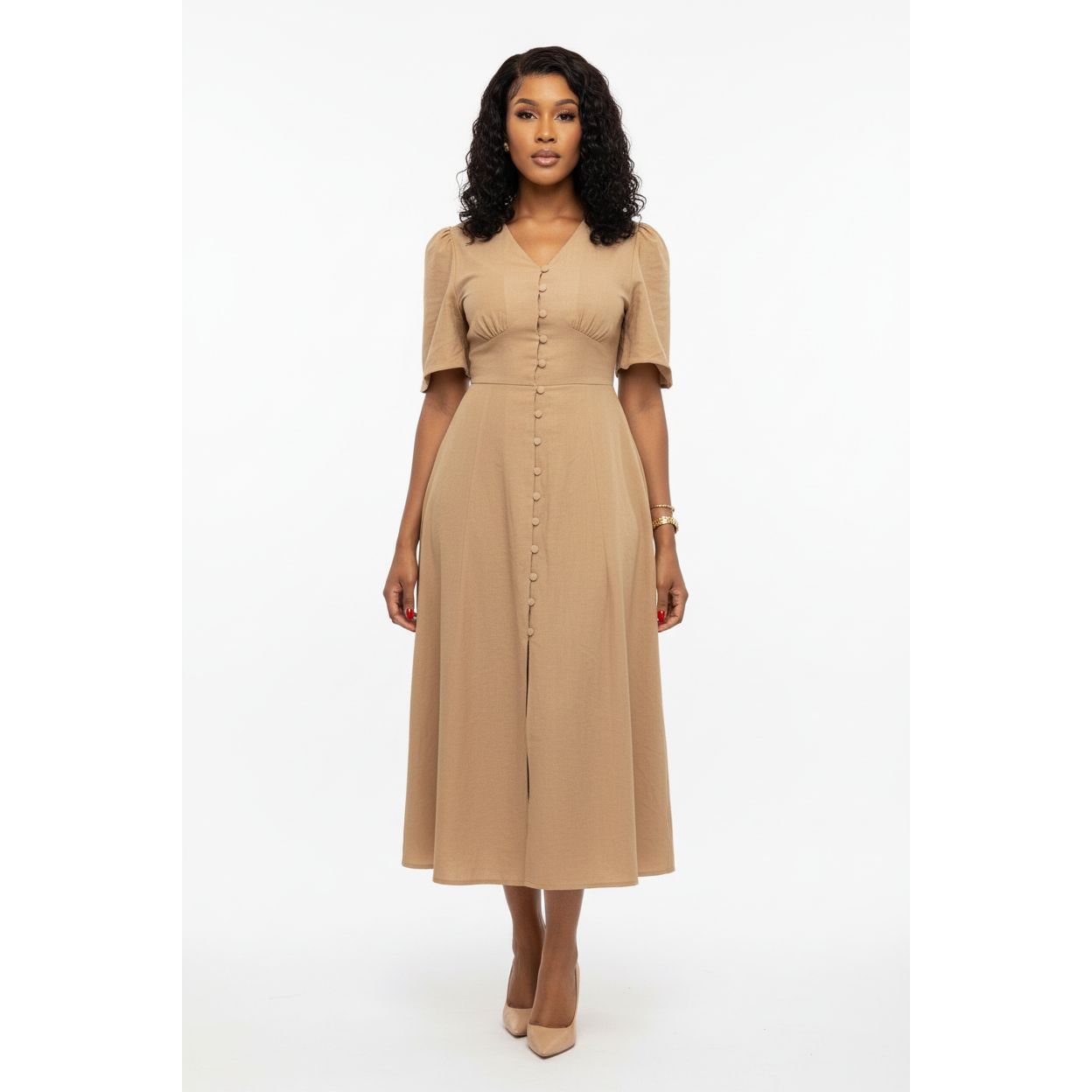 Short Sleeve Front Slit Midi Dress
