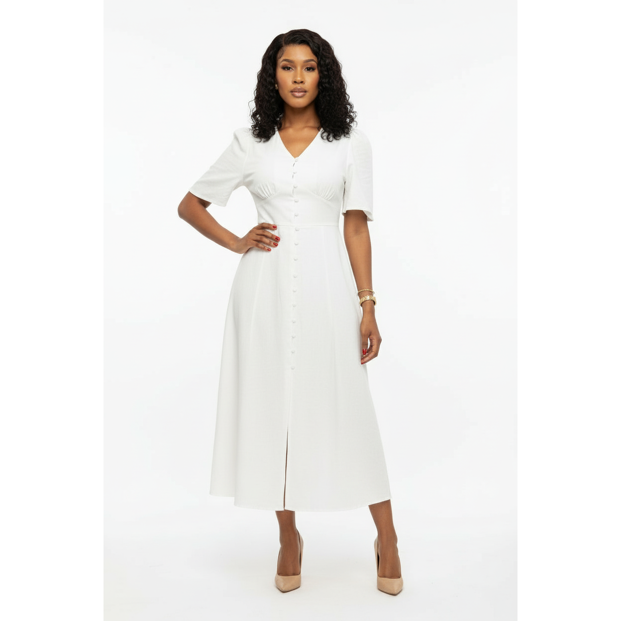 Short Sleeve Front Slit Midi Dress