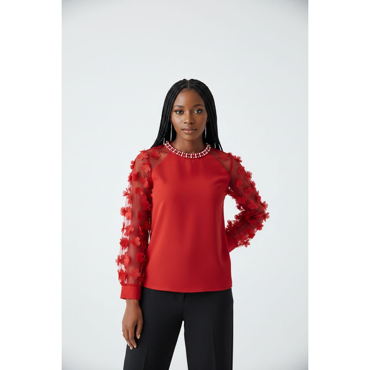 Round Neck Long Sleeve Floral Decor Blouse