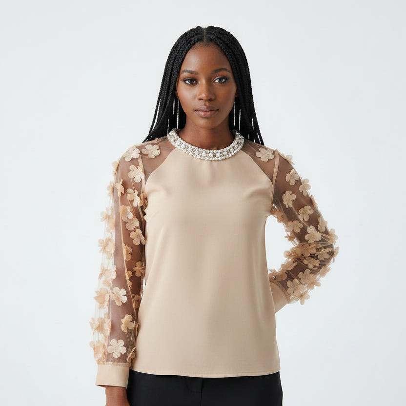 Round Neck Long Sleeve Floral Decor Blouse