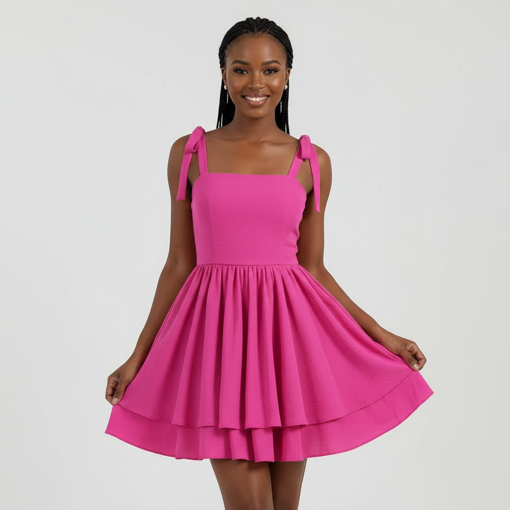 Date Night Bow Solid Ruched Bust Cami Sun Dress