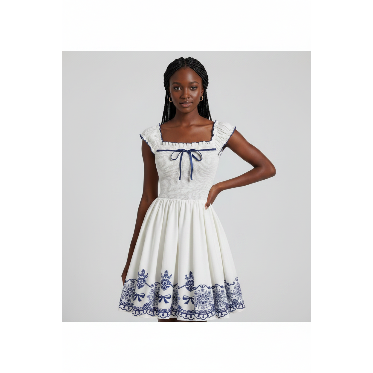 Porcelain Bow Smocked Mini Dress