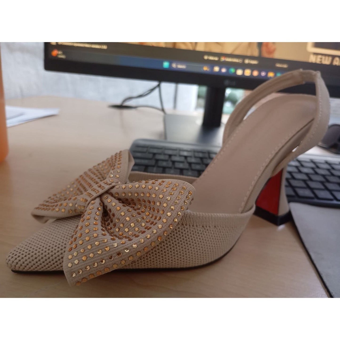 Rhinestone Bow Decor Slingback Court Heel