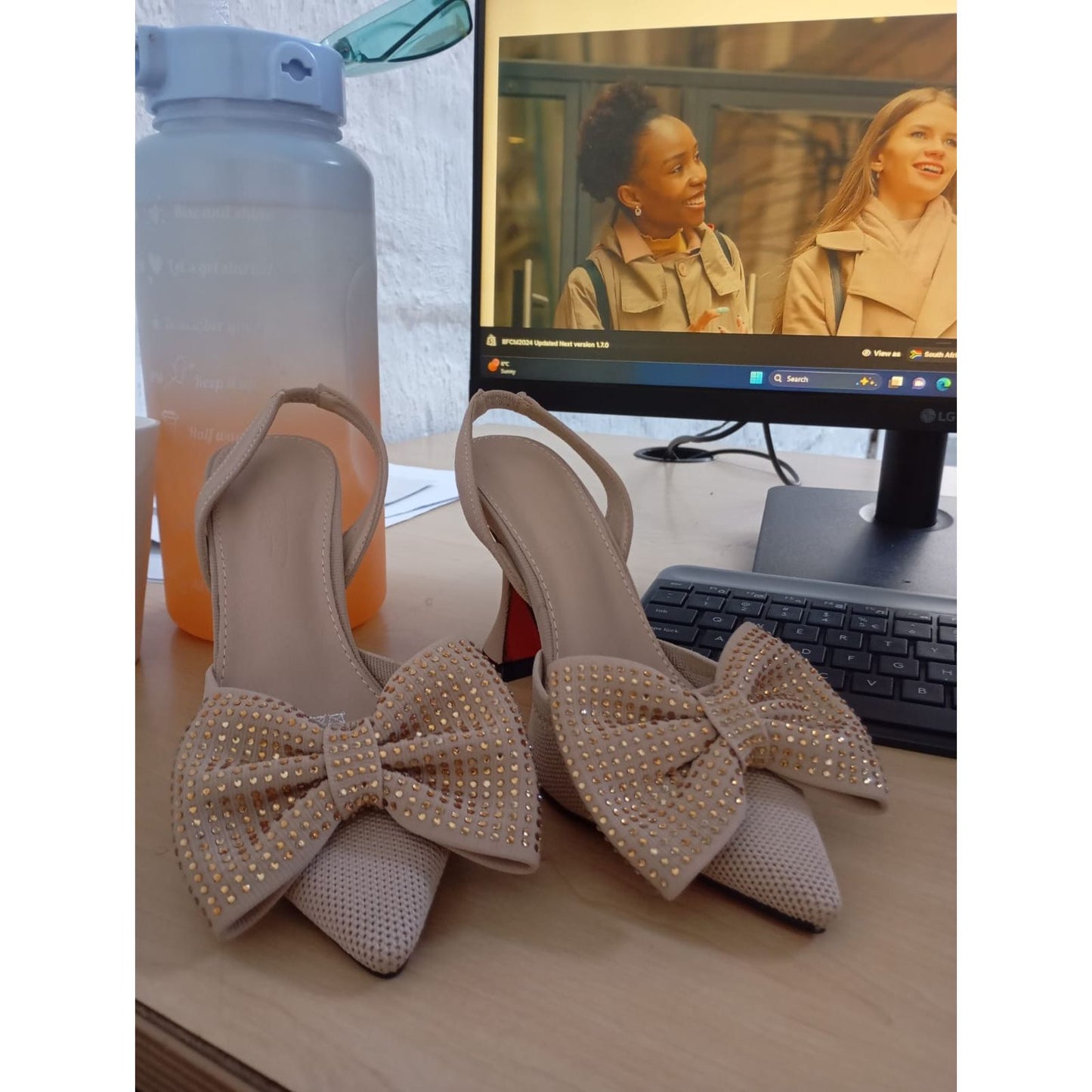 Rhinestone Bow Decor Slingback Court Heel