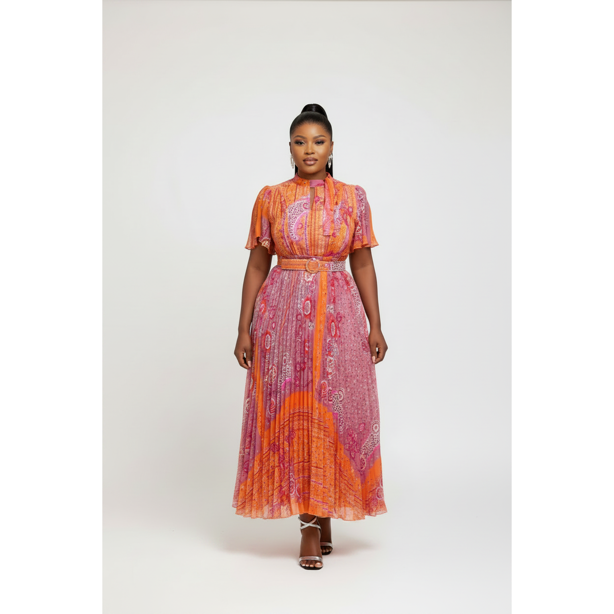 Short Sleeve Belted Pleated Maxi Dress
