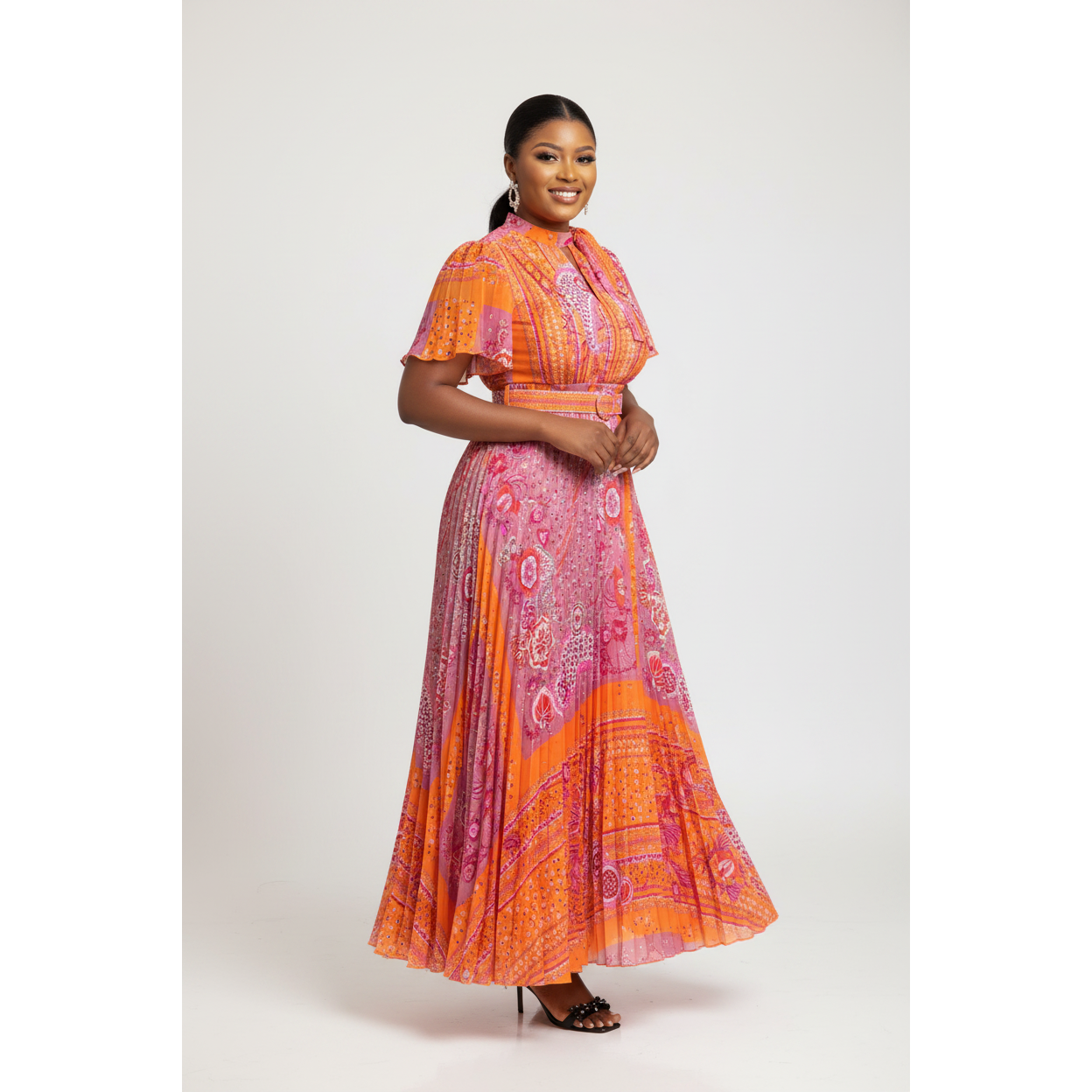Short Sleeve Belted Pleated Maxi Dress