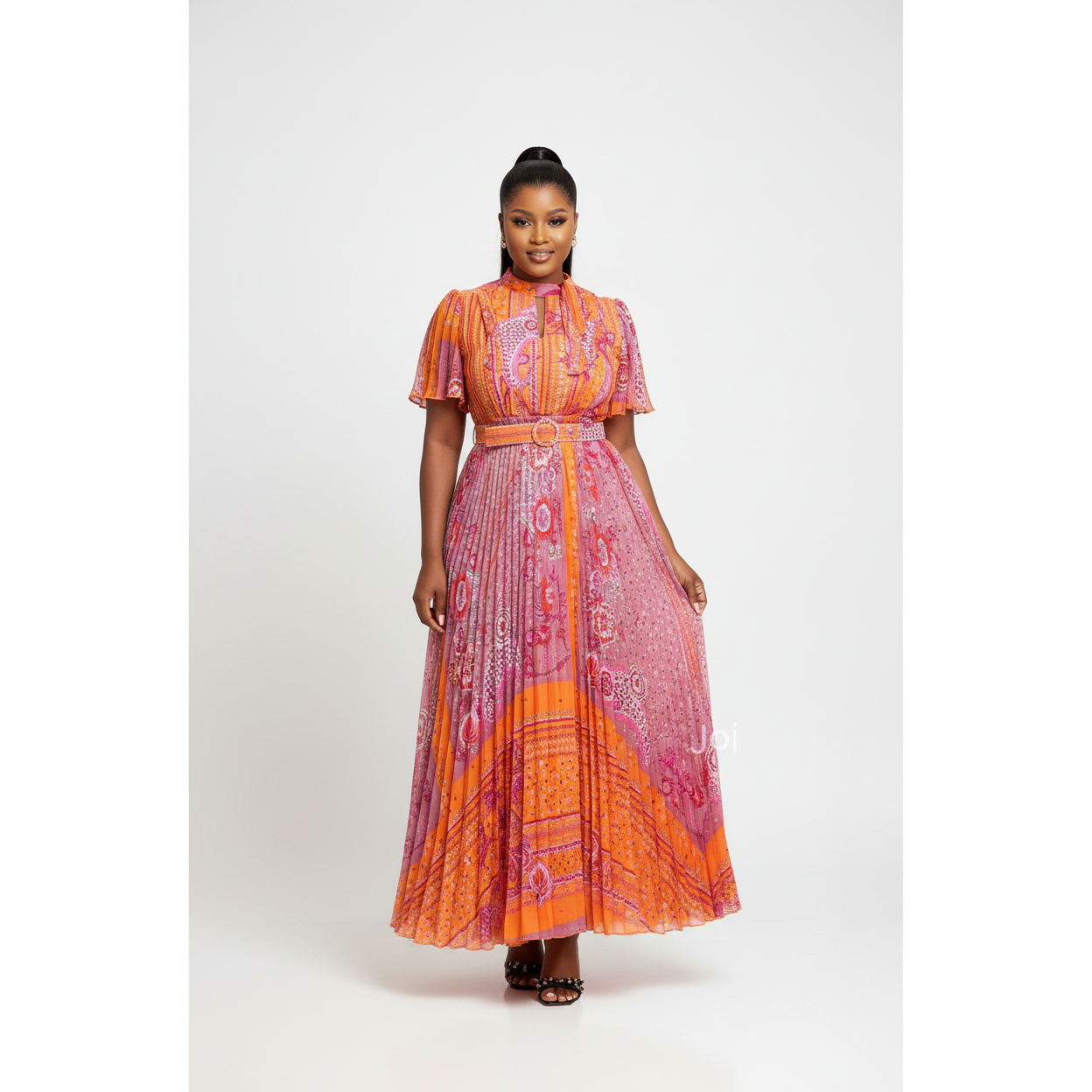 Short Sleeve Belted Pleated Maxi Dress