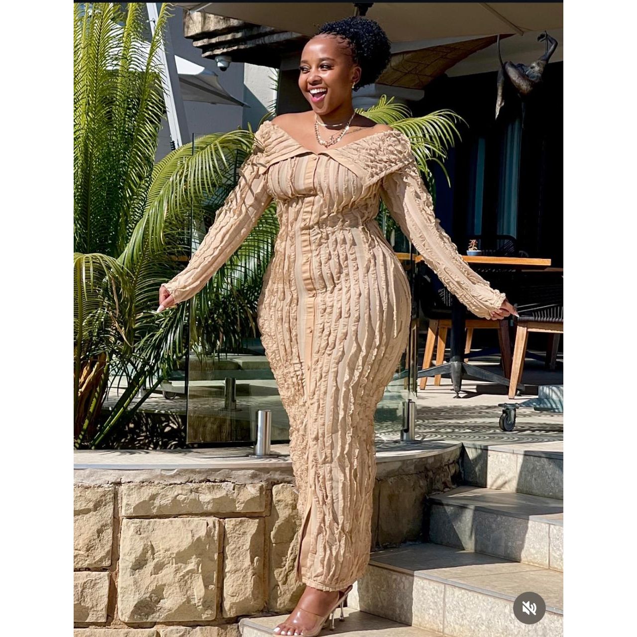 Mesh Texture Fabric Turn-Down Collar Off Shoulder Bodycon Dress