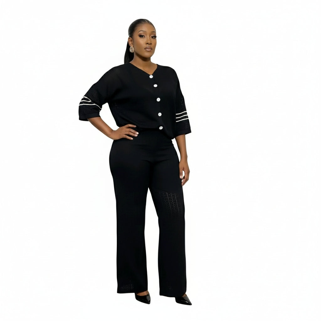 3/4 Sleeve Front Button Top and Trousers Two-Piece Set
