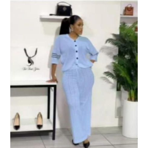 3/4 Sleeve Front Button Top and Trousers Two-Piece Set