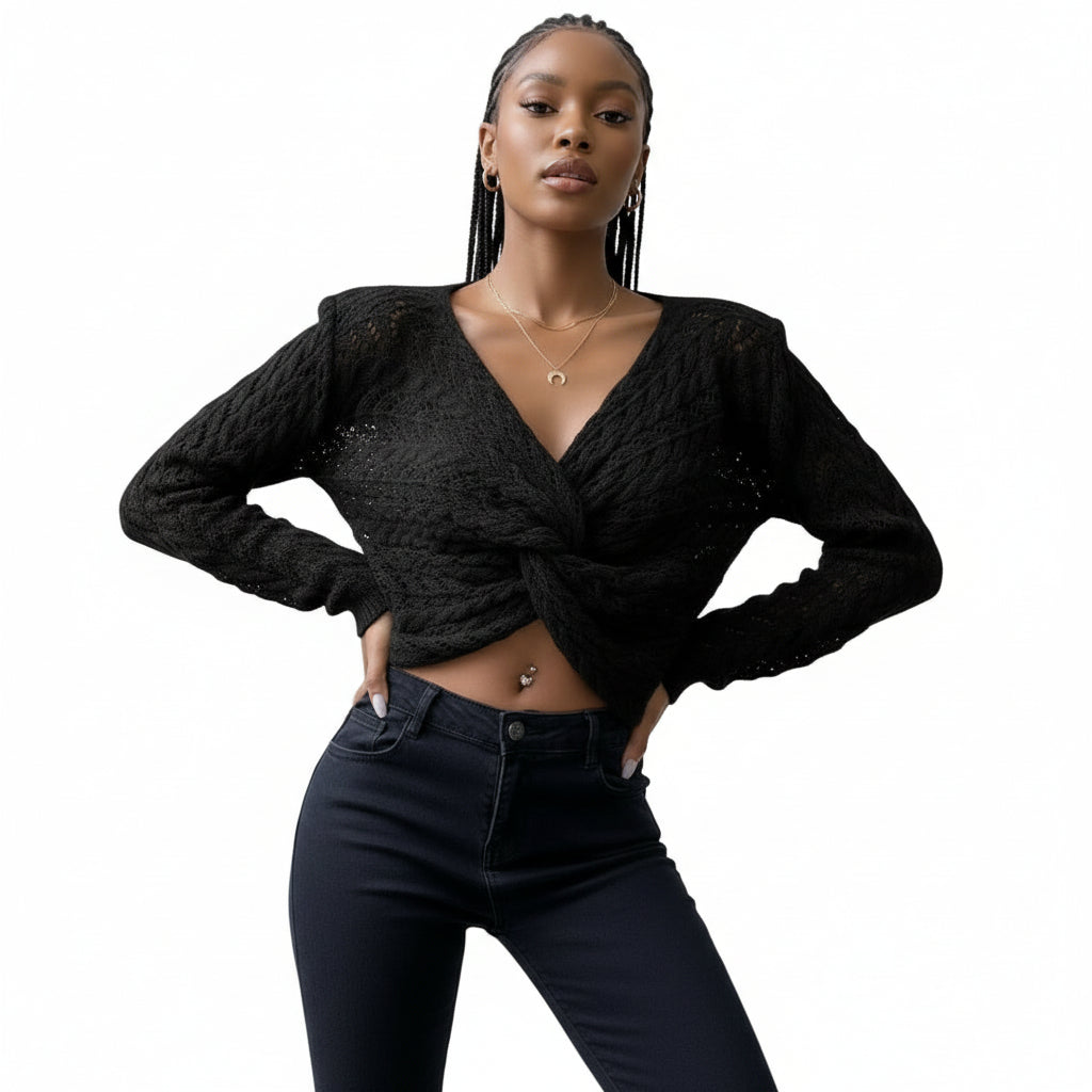 Pointelle Knit Twist Front Crop Sweater