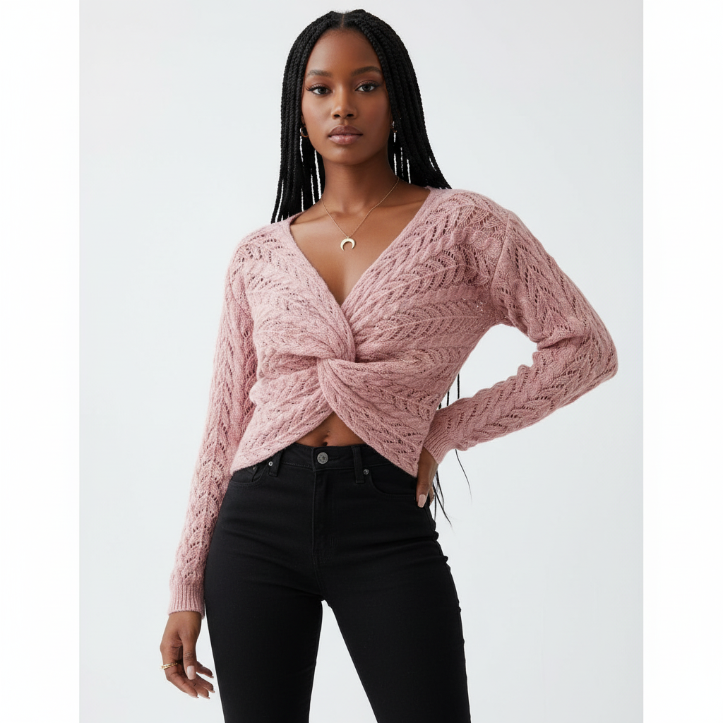 Pointelle Knit Twist Front Crop Sweater