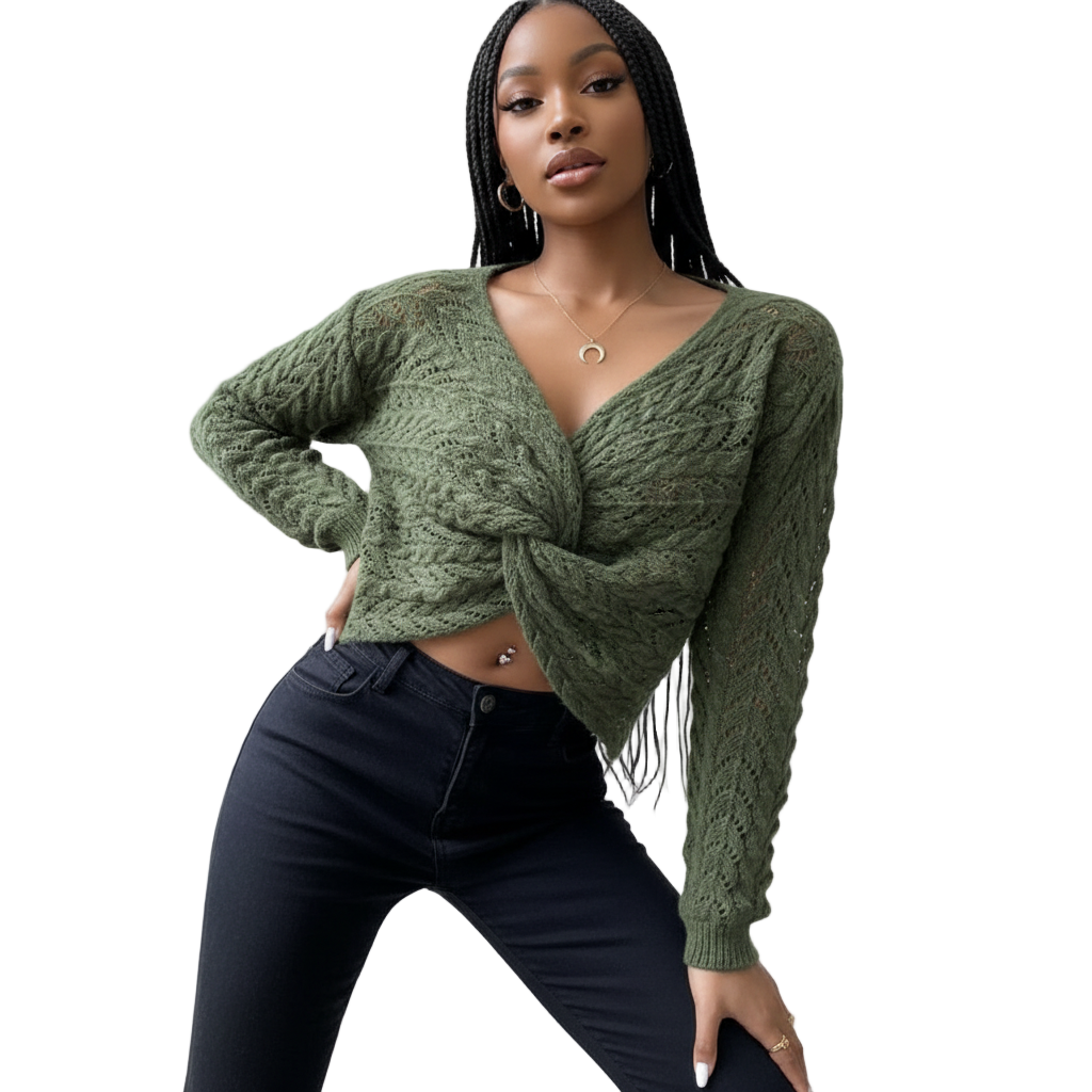 Pointelle Knit Twist Front Crop Sweater