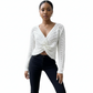 Pointelle Knit Twist Front Crop Sweater